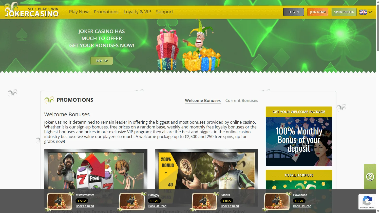 Joker Casino promotional offers on desktop