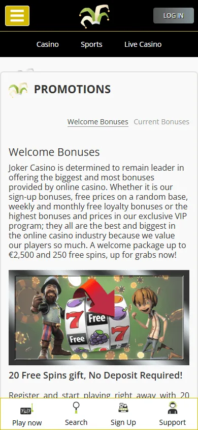 Joker Casino promotions on a mobile browser