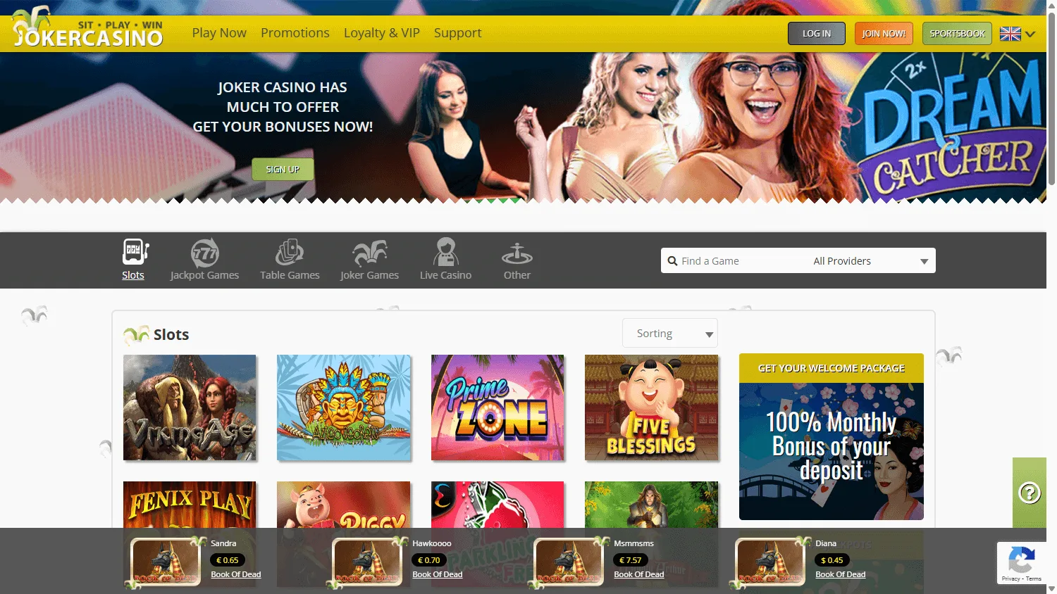 Joker Casino games selection on desktop