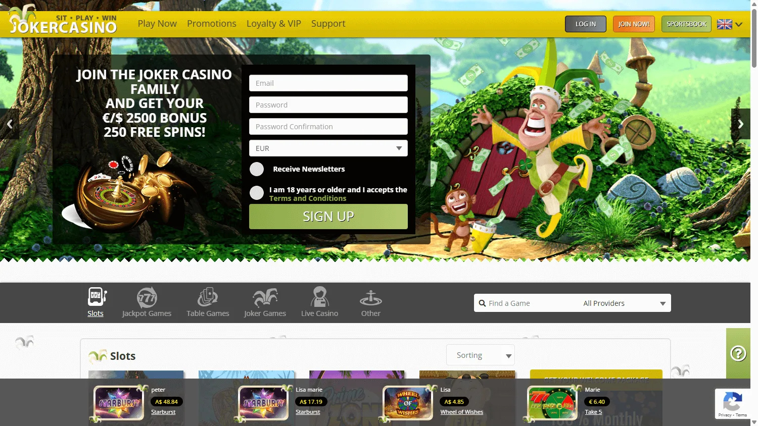 Joker Casino home experience on desktop